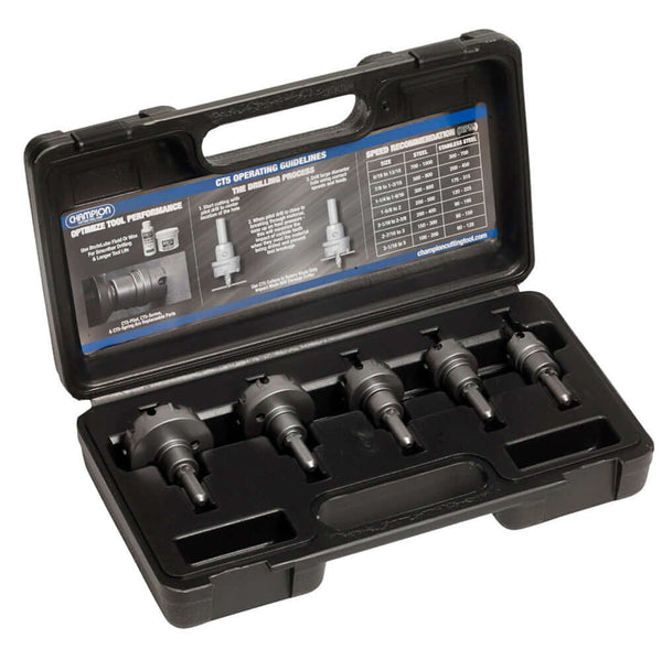 Champion CT5P-SET-A, a premium hole cutter set featuring carbide-tipped cutters for precision drilling in tough materials.