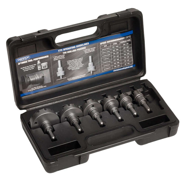 Champion CT5P-SET-B, a high-quality hole cutter set with carbide-tipped cutters, designed for clean and precise drilling in various applications.