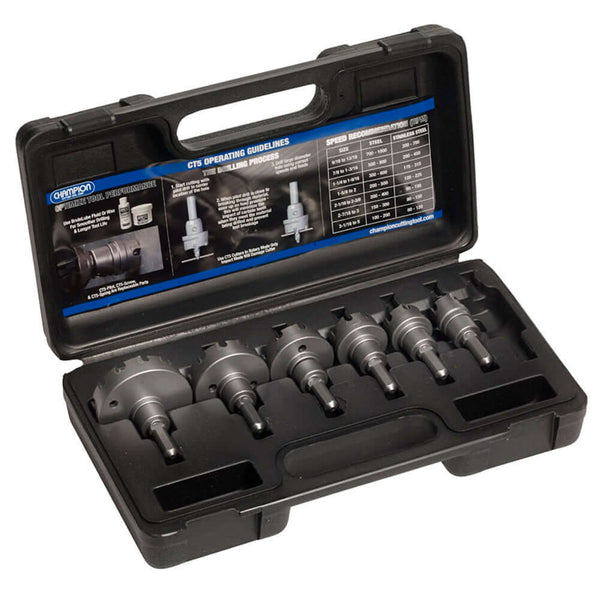 Champion CT5P-CONDUIT-1, a 7-piece carbide-tipped hole cutter set designed for electricians, featuring sizes from 7/8 to 2-1/2 inches, ideal for drilling through thin materials up to 3/16-inch depth.