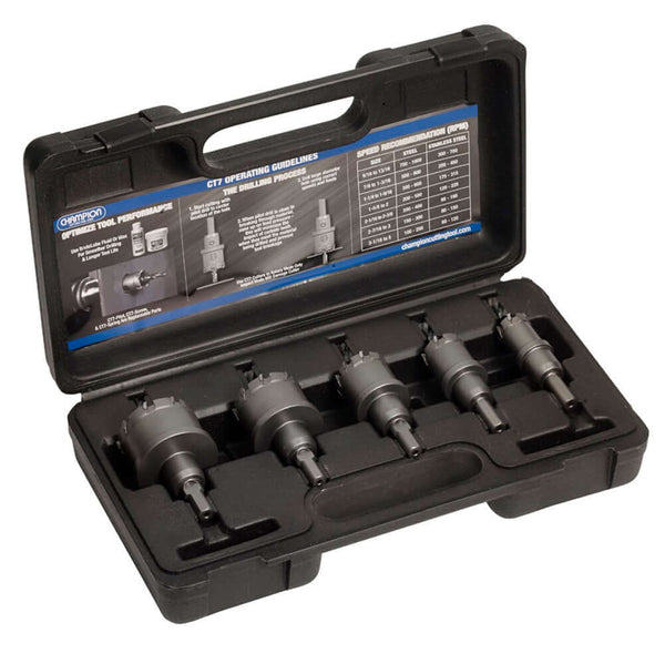 Champion CT7P-SET-6, a 6-piece hole cutter set with carbide-tipped cutters, offering durability and precision for a variety of tough cutting applications.