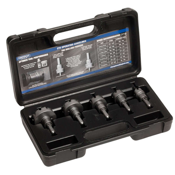 Champion CT5P-SET-1, a complete hole cutter set with carbide-tipped cutters, designed for precision and durability in various drilling applications.