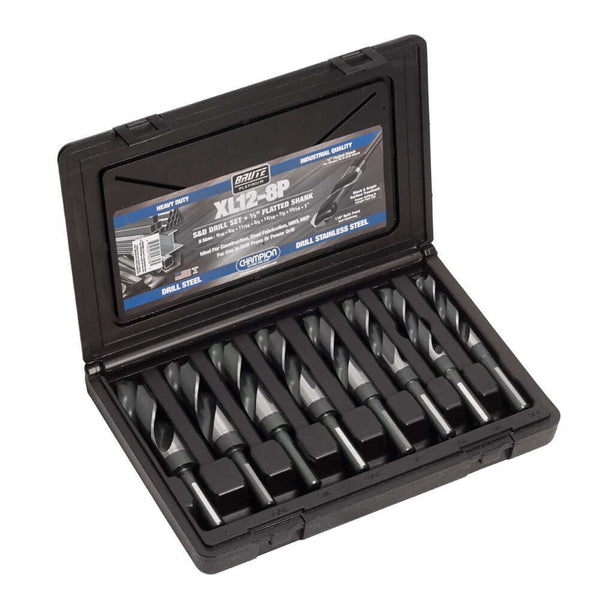 Champion XL12-8P 8 PC 9/16-1 Brute S&D Set, offering precision drills for tough materials with sizes ranging from 9/16 to 1 inch for efficient drilling.